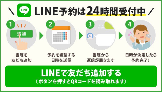 LINEからのご予約は 24時間受付中です。まずはここを押して当院を友だち追加してください