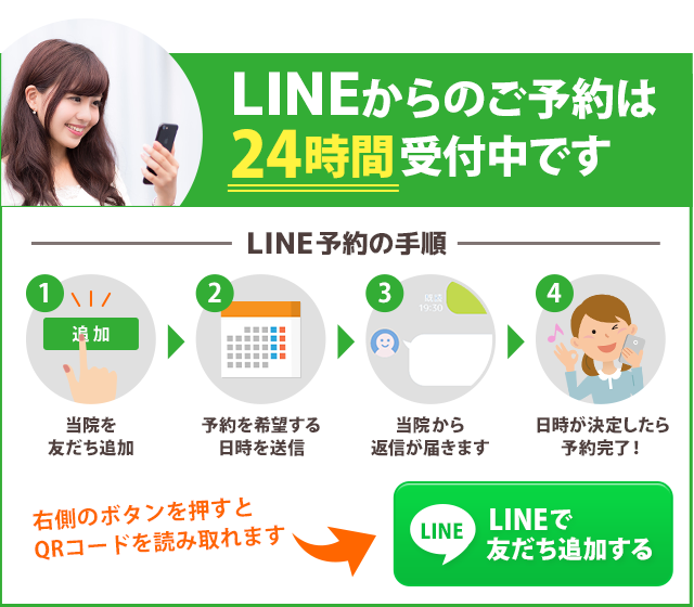 LINEからのご予約は 24時間受付中です。まずはここを押して当院を友だち追加してください